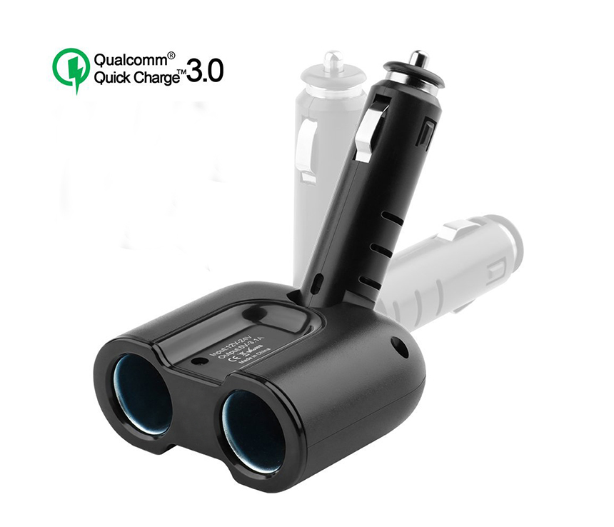 QCF210 QC 3.0 Car Charger with Dual Cigarette Socket & 1 Normal USB Port